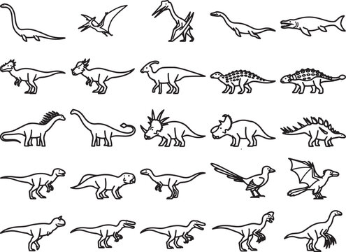 A collection of hand-drawn cartoon illustrations depicts various dinosaurs from the prehistoric era, showcasing their unique forms and sizes in a whimsical style.