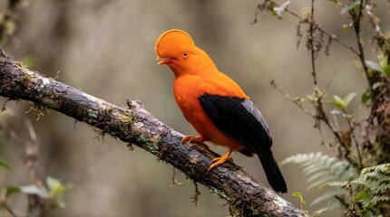 Obraz premium Exotic male Andean Cock-of-the-Rock bird calling with open beak on a mossy branch in tropical rainforest