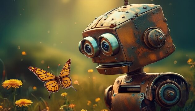 rusty robot stares curiously at a small butterfly