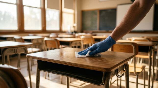 Cleaning and disinfecting school desk in classroom during pandemic