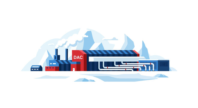 Direct Air Capture (DAC) Plant Illustration in Arctic Landscape for Carbon Sequestration and Climate Technology