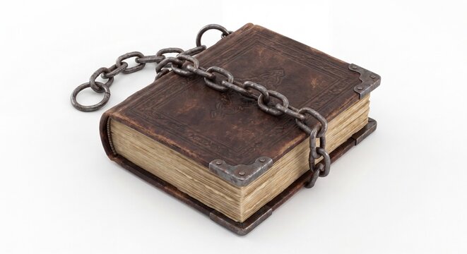 An ancient leather-bound book secured with a heavy metal chain and iron corner reinforcements.