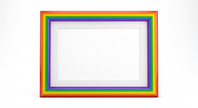 An empty rectangular picture frame with a colorful rainbow border isolated on a white background.