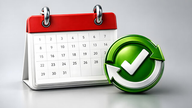 Desk calendar standing next to a green check mark inside a circular refresh arrow loop on a gray surface