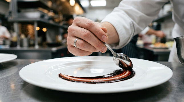 Chef plating and garnishing delicious dish with sauce in restaurant kitchen