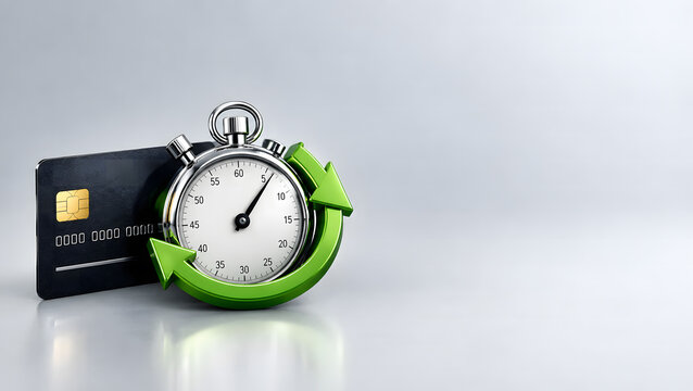 Classic stopwatch wrapped in a green circular arrow loop standing in front of a credit card on gray background