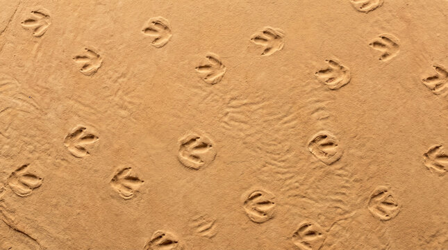 Trace fossil footprint texture. Bird footprints imprinted in wet sand on a beach surface