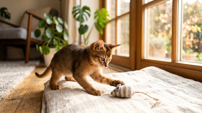 Young domestic cat playing with a toy mouse in a cozy living room  