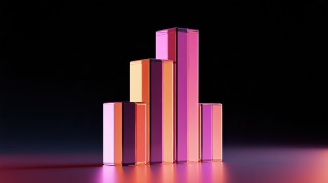 Close up glass bar charts on a reflective surface glowing with a duotone gradient background
