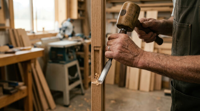 Carpenter using chisel and mallet to make mortise joint in workshop