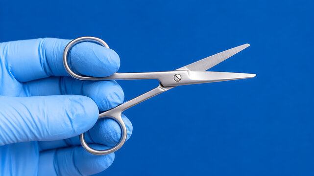 Gloved hand holding surgical scissors against blue background in medical close up studio shot