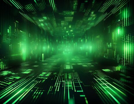 glowing green digital pixels form abstract patterns on a dark screen display