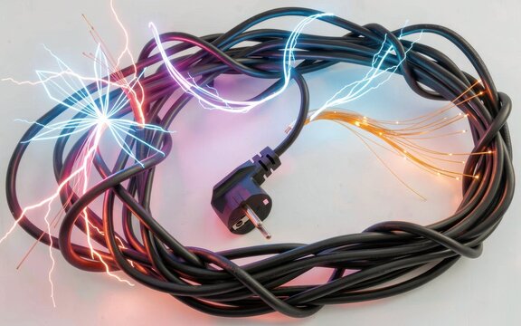 Tangled black electrical cables with glowing light effects and plug