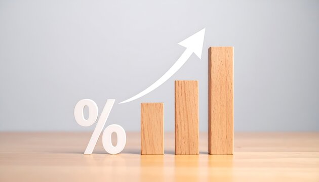 White percentage symbol beside ascending wooden bars and a white upward arrow, symbolizing rate increases, financial growth, business performance, and economic progress.
