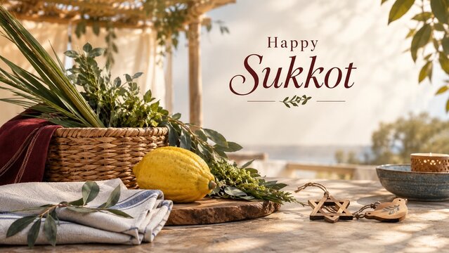 Happy Sukkot Greeting Banner with Fresh Etrog Fruit, Lulav Branches and Rustic Botanical Arrangement on Sunlit Table Overlooking Mediterranean Landscape