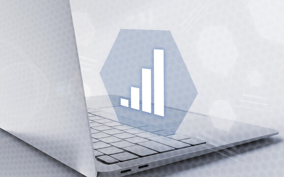 Aplicaci&oacute;n inform&aacute;tica espec&iacute;fica de an&aacute;lisis de datos y gr&aacute;ficos de crecimiento financiero en pantalla de un port&aacute;til tecnol&oacute;gico moderno para &eacute;xito empresarial y comercial.