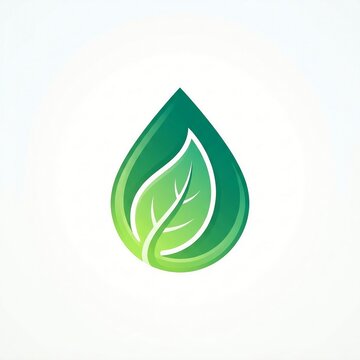 Modern eco-friendly logo design featuring a single green leaf stylized inside a falling water droplet, representing nature, growth, purity, sustainability, organic products, and clean water conservati