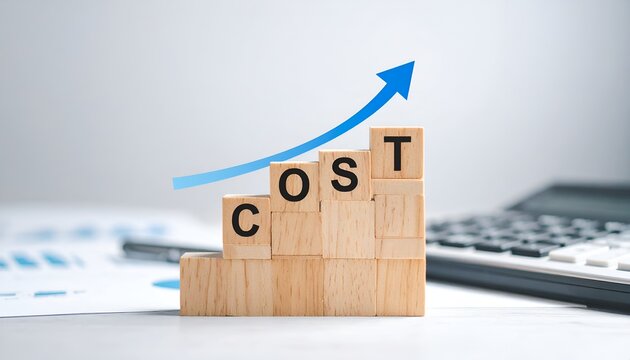 Wooden blocks spelling COST arranged on rising steps with an upward blue arrow, symbolizing increasing costs, inflation, business expenses, financial growth, and economic pressure.