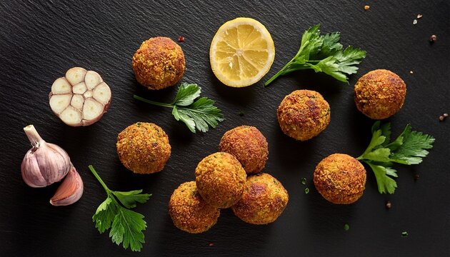 traditional oriental chickpea deep fried falafel balls flaying on black background with ingredients garlic lemon and parsley