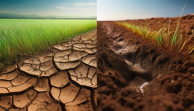 split screen effect in a single photograph left side shows arid brown soil crumbling from lack of water right side shows dew covered grass blades on rich loam realistic texture rendering focus on