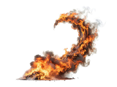 Dramatic fiery explosion with intense flames and swirling smoke against transparent background for creative projects transparent background