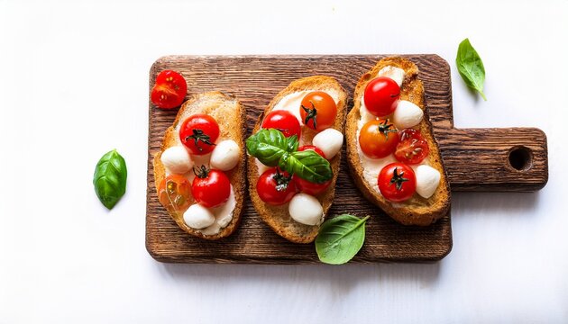 fresh bruschetta with tomatoes mozzarella cheese and basil on a cutting board traditional italian appetizer or snack antipasto top view flat lay ciabatta with cherry tomato