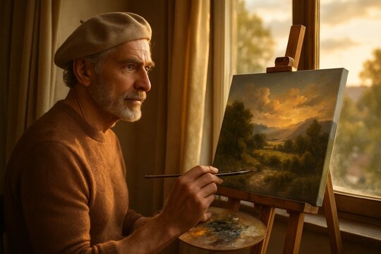 Senior artist painting landscape on canvas at easel by window in warm sunset light, creative hobby at home studio.