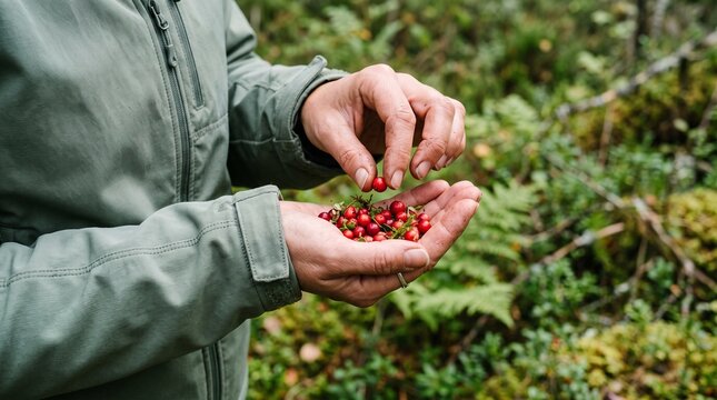 Person wearing green jacket holding freshly picked red berries in cupped hands outdoors during daytime