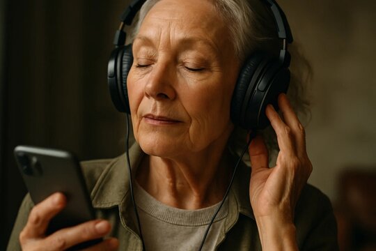 Senior woman listening to music on headphones while using a smartphone, enjoying calm focus and relaxation indoors.