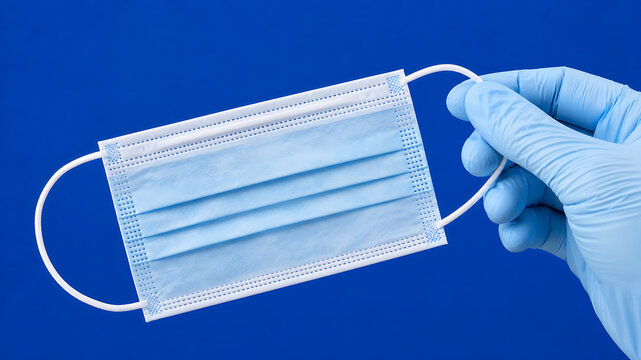 Gloved hand holding disposable surgical mask on blue background for hygiene protection