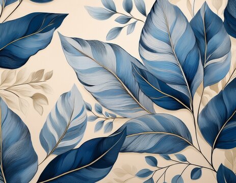 a soothing botanical pattern with blue leaves on a textured beige background conveying a calm and natural atmosphere