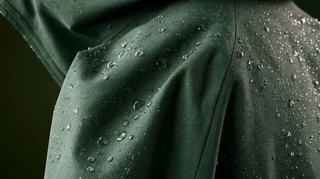 Macro view of water droplets beading on green waterproof fabric, hydrophobic textile concept for outdoor gear, rainwear, performance clothing and water-repellent material technology