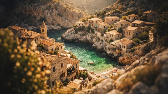 Scenic stone village around emerald cove in rocky gorge at sunset, Mediterranean coastal travel destination.