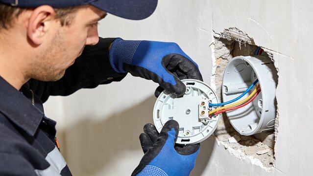 Electrician installing a wall socket and connecting colored electrical wires during a home renovation, with exposed junction box, protective gloves and unfinished plaster surrounding the work area