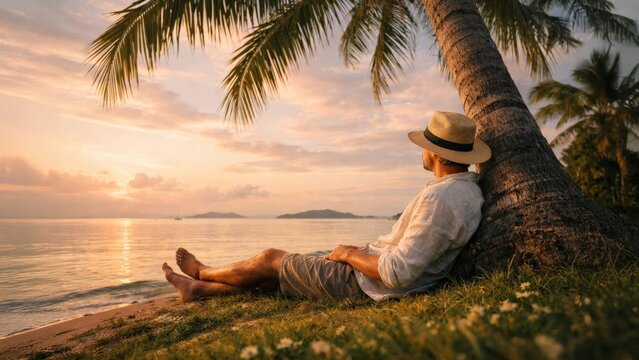 Man relaxing under palm tree by tropical beach at sunset, peaceful vacation scene with ocean horizon.