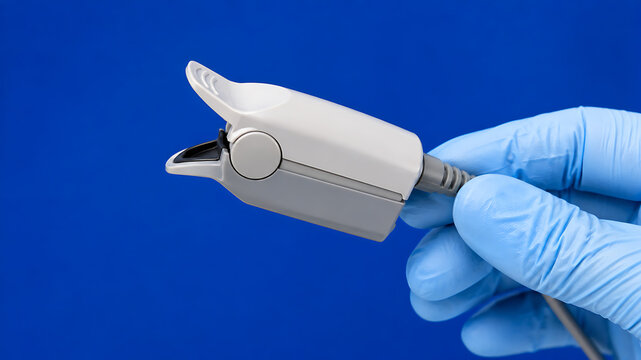 Gloved hand holding medical sensor clip on blue background