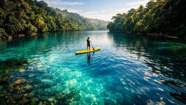Man paddleboarding on crystal clear tropical river lagoon surrounded by lush rainforest, outdoor adventure travel.