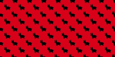 Continuous holiday print. A dense grid of black reindeer silhouettes across a bright red background. Festive Christmas repeating pattern, simple and effective design. © Dunzz