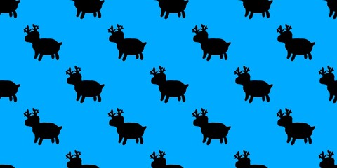 Bold repeating pattern. Distinct black reindeer silhouettes with large antlers spaced evenly on a vivid blue background. A modern take on a classic holiday motif. © Dunzz