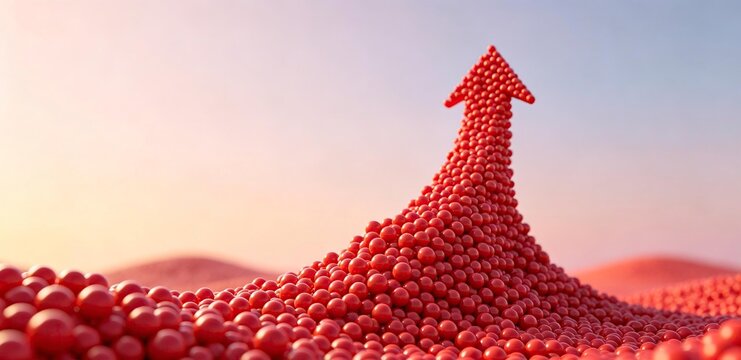 Upward arrow shaped by small red spheres on soft gradient sky background represents business growth profit increase and positive development concept