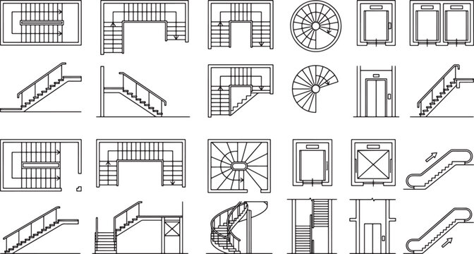 Set of architectural staircase and elevator line icons for building floor plans and technical design layouts