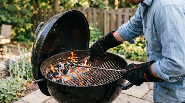 Man preparing backyard barbecue grill with hot burning charcoal briquettes wearing protective gloves during sunny summer day