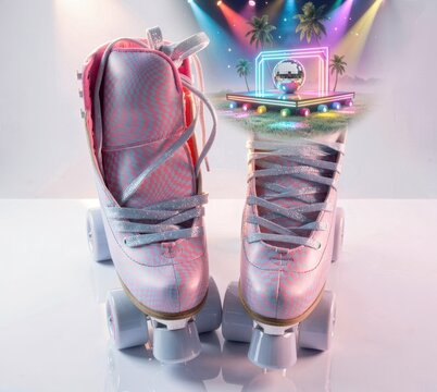 Retro pink quad roller skates with disco ball fantasy scene