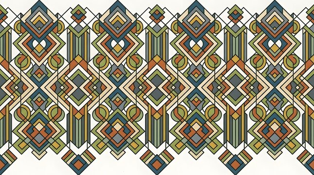 Seamless repeating geometric pattern featuring intricate diamond and zigzag motifs, earthy green, brown, orange, and cream tones, symmetrical tribal-inspired textile design.

