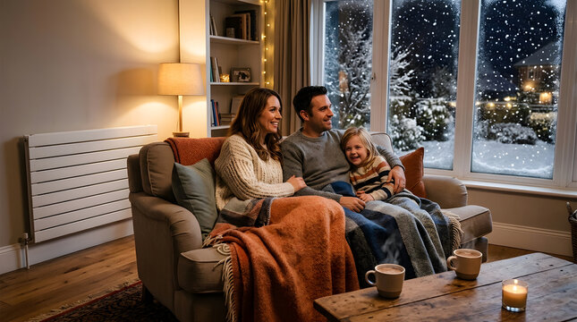Family in warm living room near radiator, snow outside window, home heating, winter comfort, clean shot no text.