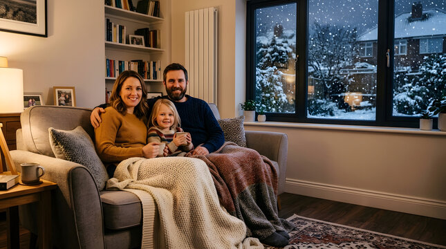 Family in warm living room near radiator, snow outside window, home heating, winter comfort, clean shot no text.