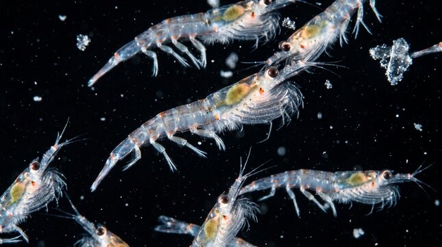 Antarctic Krill Euphausia Superba Swimming in Deep Ocean Water Macro View