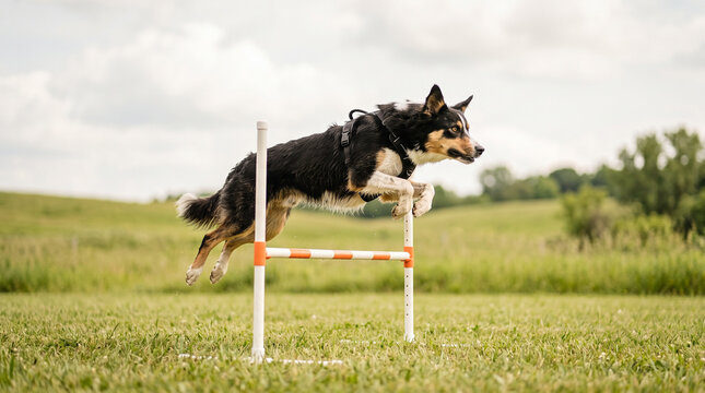 Dog jumping over agility hurdle in a grassy field  