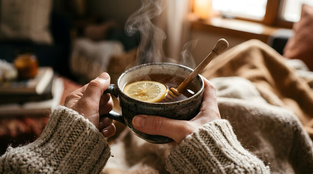  Hands holding hot tea with lemon and honey, cold remedy, cozy winter sweater, steam, clean shot no text.