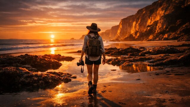 Female traveler with backpack and camera walking along rocky beach at golden sunset, dramatic coastal cliffs and reflections.